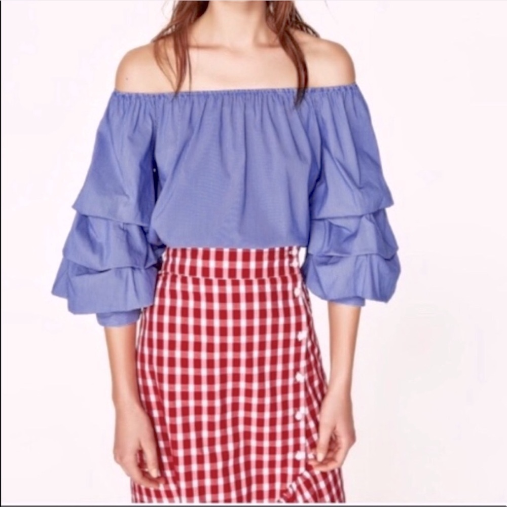 Zara off the shoulder Pinstripe Puff sleeves Top